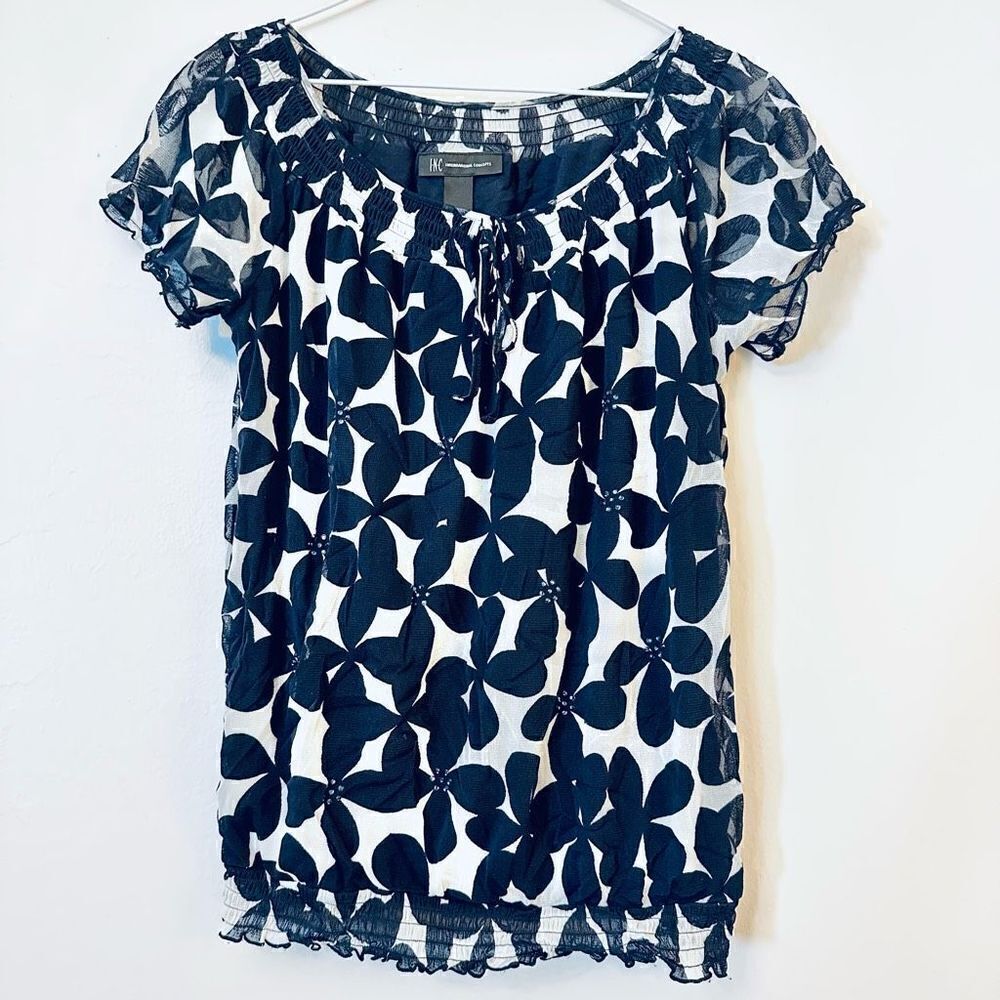 INC International Concepts Womens Top Floral Lined Tie Front Navy White Small